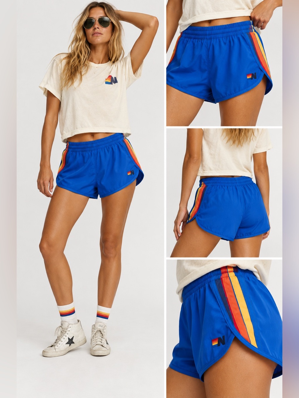 Aviator Nation Royal Blue Athletic Shorts with Rainbow Side Stripes